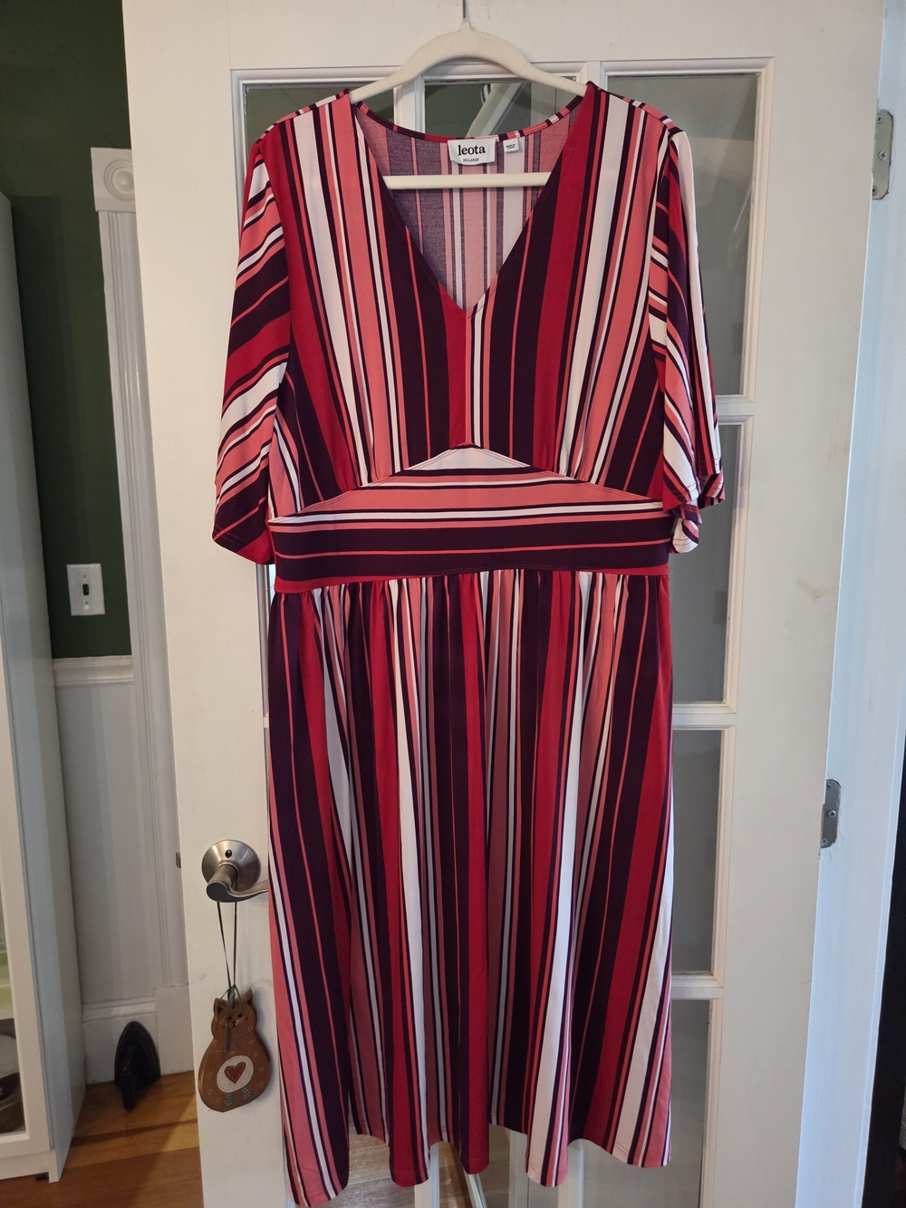 Leota Striped V-Neck Midi Dress in Red, Pink & White - Size XXL